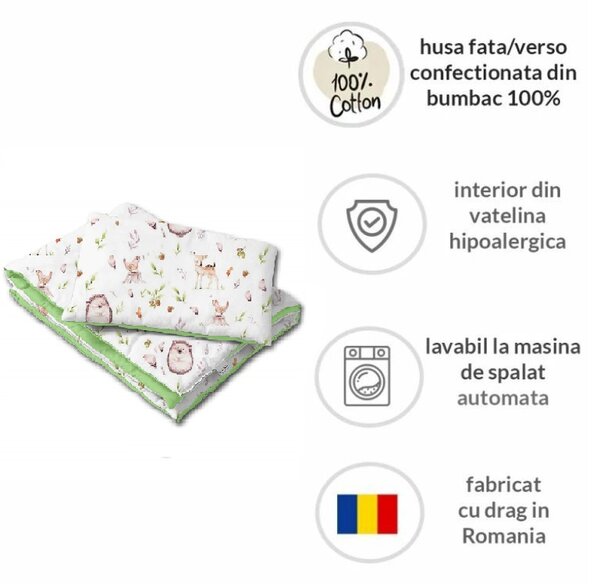 Lenjerie patut cosleeper 90x50 cm Kidizi Forest Joy, include cearceaf, perna si pilota