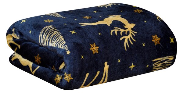 Patura de Craciun din microplus GOLDEN DEER albastru inchis Dimensiune: 150 x 200 cm