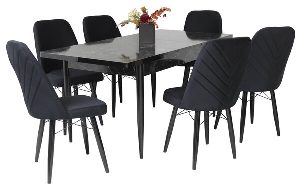 Set masă extensibilă Aris Negru Marmorat cu 6 scaune Ludovic Negru