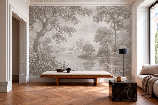 Tapet Peisaj forestier monocrom cu un lac și o stârcă, Imagini de fundal unice, w05805 : Uwalls.ro
