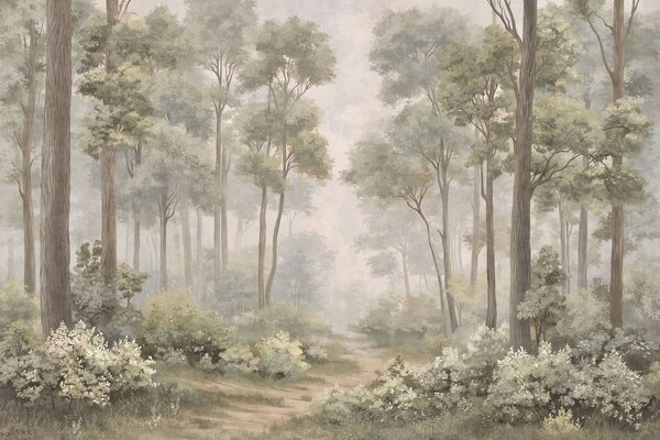Tapet Pădure cețoasă, cu o potecă printre copaci și tufișuri, Fototapet Natură, w05889v2 : Uwalls.ro
