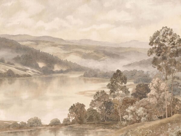 Tapet Lac înconjurat de munți împăduriți, în nuanțe calde de pastel, Imagini de fundal unice, w05928v1 : Uwalls.ro