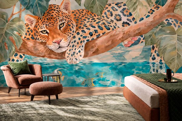 Tapet Un leopard pe o creangă deasupra apei, alături de pești colorați, Imagini de fundal unice, w05954 : Uwalls.ro