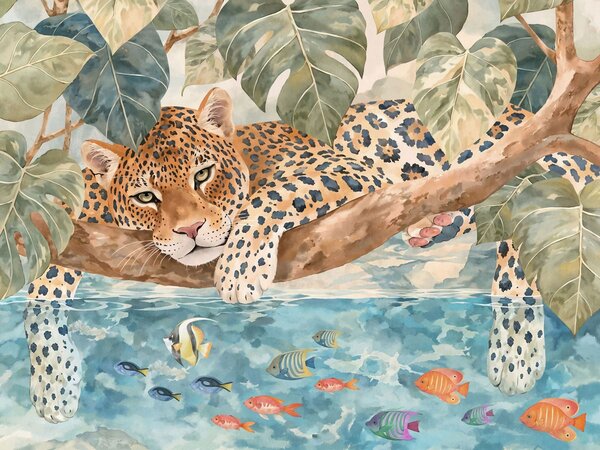 Tapet Un leopard pe o creangă deasupra apei, alături de pești colorați, Imagini de fundal unice, w05954 : Uwalls.ro