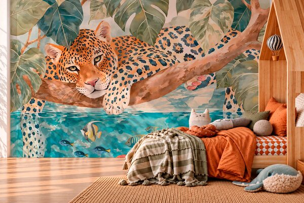 Tapet Un leopard pe o creangă deasupra apei, alături de pești colorați, Imagini de fundal unice, w05954 : Uwalls.ro