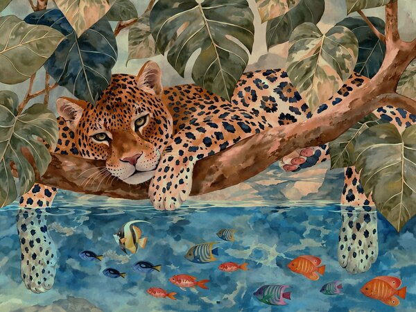 Tapet Un leopard printre frunze tropicale, deasupra apei, alături de pești, Imagini de fundal unice, w05954v1 : Uwalls.ro