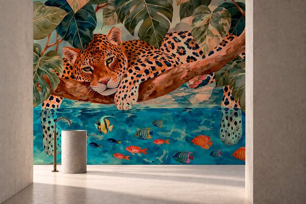 Tapet Un leopard printre frunze tropicale, deasupra apei, alături de pești, Imagini de fundal unice, w05954v1 : Uwalls.ro