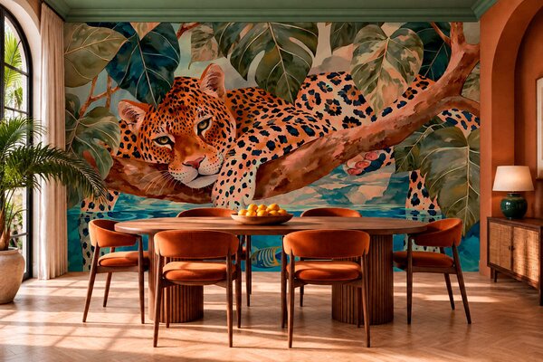 Tapet Un leopard printre frunze tropicale, deasupra apei, alături de pești, Imagini de fundal unice, w05954v1 : Uwalls.ro