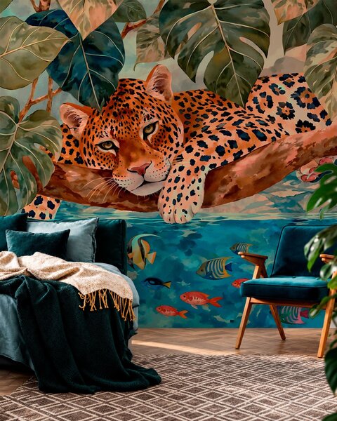 Tapet Un leopard printre frunze tropicale, deasupra apei, alături de pești, Imagini de fundal unice, w05954v1 : Uwalls.ro