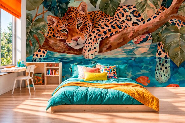 Tapet Un leopard printre frunze tropicale, deasupra apei, alături de pești, Imagini de fundal unice, w05954v1 : Uwalls.ro