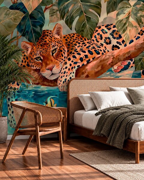 Tapet Un leopard printre frunze tropicale, deasupra apei, alături de pești, Imagini de fundal unice, w05954v1 : Uwalls.ro