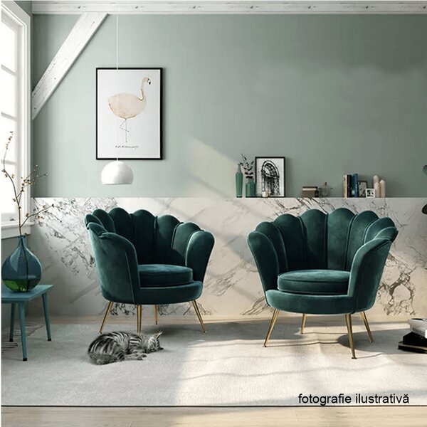 KONDELA Fotoliu în stil Art-deco, catifea Velvet smarald/crom auriu, NOBLIN