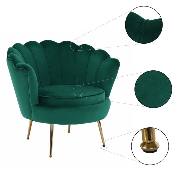 KONDELA Fotoliu în stil Art-deco, catifea Velvet smarald/crom auriu, NOBLIN