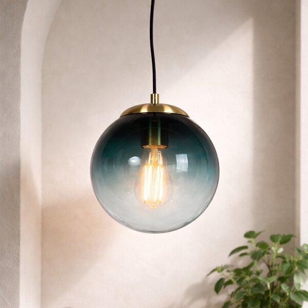 Lampă suspendată Art Deco din alamă cu sticlă albastră ocean 20 cm - Pallon
