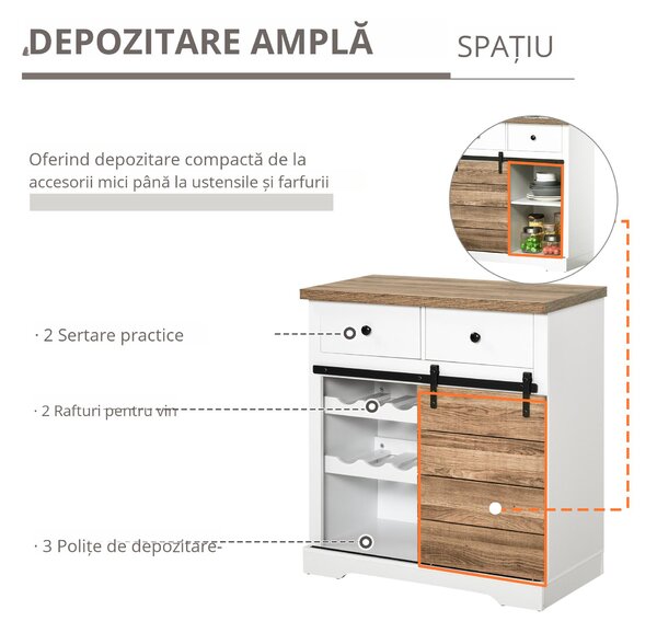 HOMCOM Dulap Rustic de Bucătărie cu 2 Sertare, Rafturi Deschise și Suport pentru Sticle, Bufet din Lemn și Metal, 80x39x86 cm, Alb