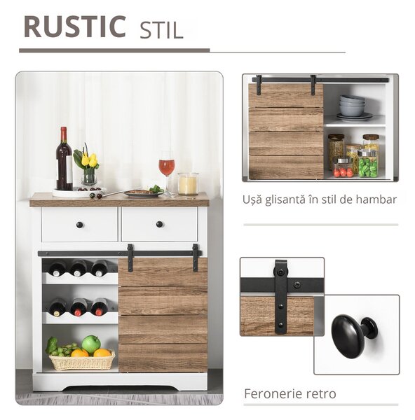 HOMCOM Dulap Rustic de Bucătărie cu 2 Sertare, Rafturi Deschise și Suport pentru Sticle, Bufet din Lemn și Metal, 80x39x86 cm, Alb