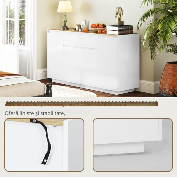 HOMCOM Bufet de Bucătărie cu 3 Dulapuri și 4 Uși cu Îchidere Lină, Mobilier Modern cu Sertar, 140x40x75 cm, Alb | Aosom Romania