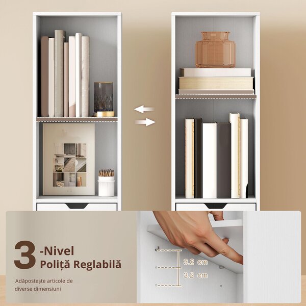 HOMCOM Bibliotecă înaltă cu 6 Nivele, Raft îngust cu Sertar și Ușă - Alb | Aosom Romania