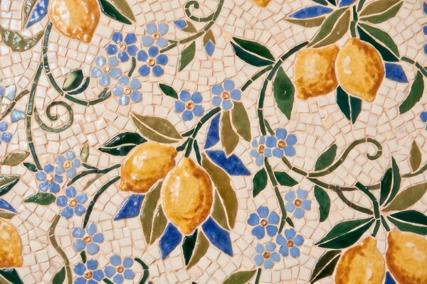 Tapet Compoziție decorativă luminoasă în stil mozaic ceramic, cu lămâi suculente, flori, frunze și ramuri, Imagini de fundal unice, w09948 : Uwalls.ro