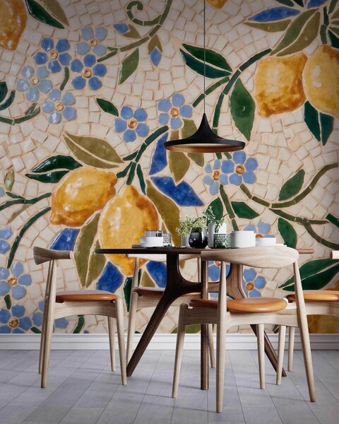 Tapet Compoziție decorativă luminoasă în stil mozaic ceramic, cu lămâi suculente, flori, frunze și ramuri, Imagini de fundal unice, w09948 : Uwalls.ro