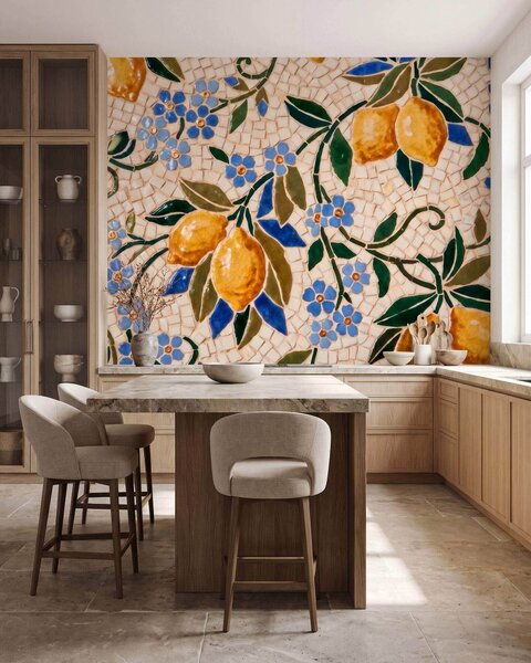 Tapet Compoziție decorativă luminoasă în stil mozaic ceramic, cu lămâi suculente, flori, frunze și ramuri, Imagini de fundal unice, w09948 : Uwalls.ro