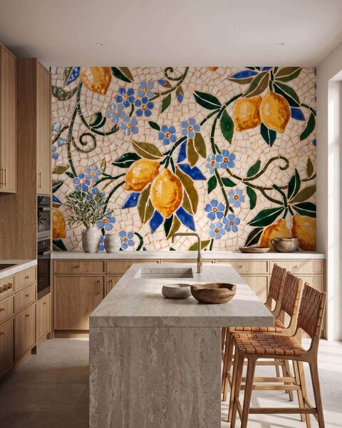 Tapet Compoziție decorativă luminoasă în stil mozaic ceramic, cu lămâi suculente, flori, frunze și ramuri, Imagini de fundal unice, w09948 : Uwalls.ro