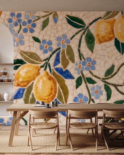 Tapet Compoziție decorativă luminoasă în stil mozaic ceramic, cu lămâi suculente, flori, frunze și ramuri, Imagini de fundal unice, w09948 : Uwalls.ro