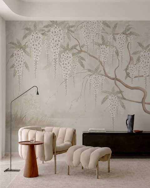 Tapet Flori albe care cad în cascadă deasupra apei liniștite, Fototapet în stil oriental, w05694 : Uwalls.ro