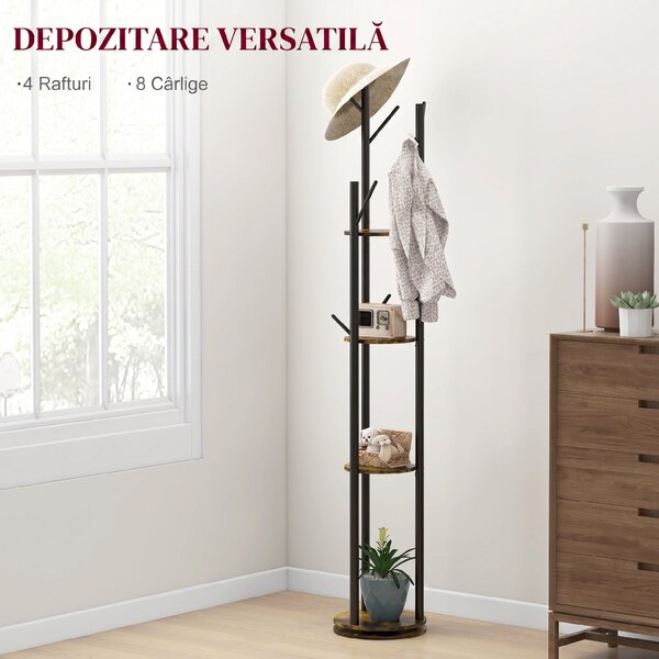 HOMCOM Suport Haine, Rotativ, cu 4 Rafturi și 8 Cârlige, stander haine pentru Hol, Dormitor, Living, 30x30x175 cm, Maro Rustic | Aosom Romania