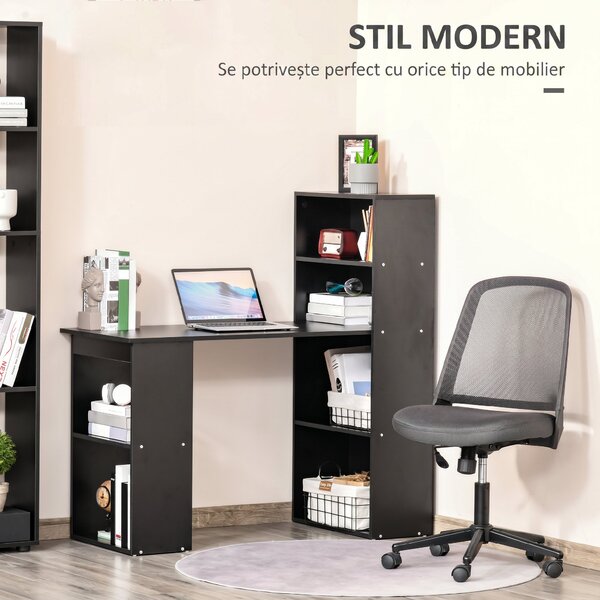 Birou Modern pentru Acasa cu Rafturi de Depozitare pe 6 Niveluri, Masa de Scris cu Raft pentru Carti, Negru HOMCOM | Aosom Romania