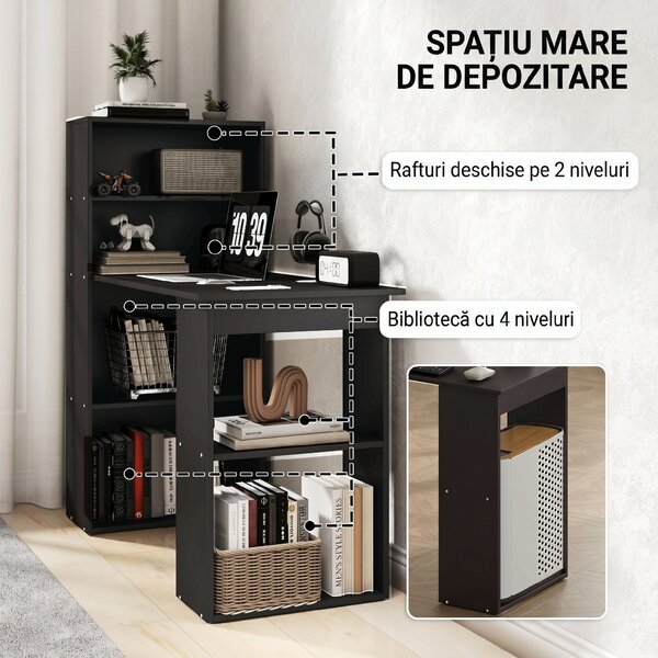 Birou Modern pentru Acasa cu Rafturi de Depozitare pe 6 Niveluri, Masa de Scris cu Raft pentru Carti, Negru HOMCOM | Aosom Romania