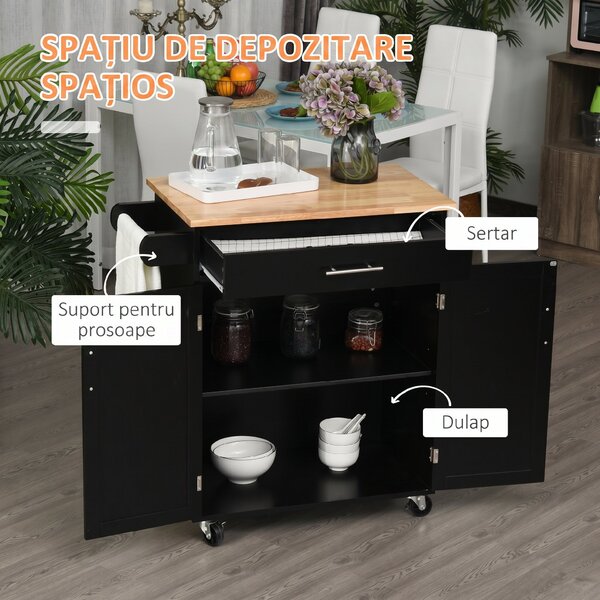 HOMCOM Cărucior de Bucătărie cu Sertar și Dulap cu 2 Uși, Insulă de Bucătărie cu roți și bară laterală, 83x45x91.5 cm, Negru | Aosom Romania