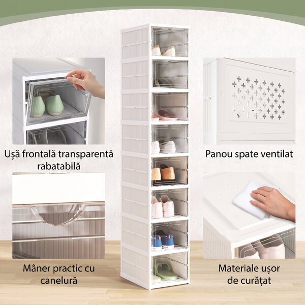 HOMCOM Dulap de Pantofi Modular cu 8 Cutii Stivuibile pentru Pantofi, 26x35x140 cm, Alb | Aosom Romania