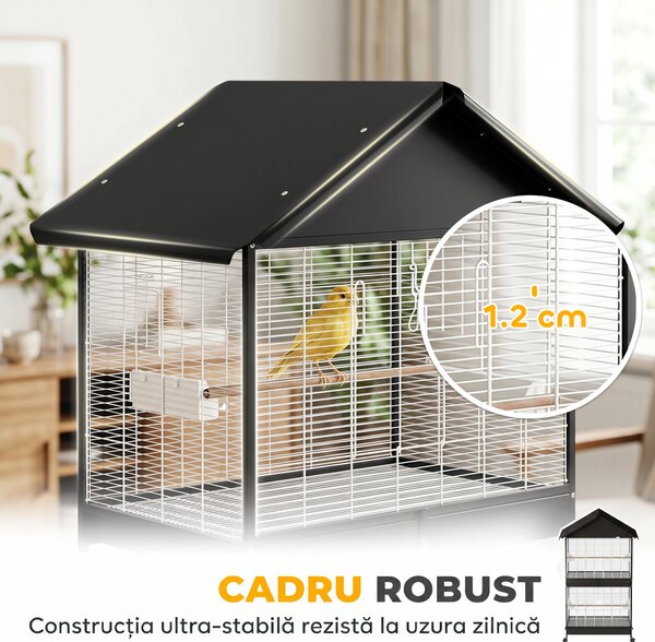 PawHut Colivie Mare pentru Păsări cu Roți, Tavă Detașabilă, Stinghii, Acoperiș și Hrănitori, pentru Papagali și Canari, Negru | Aosom Romania