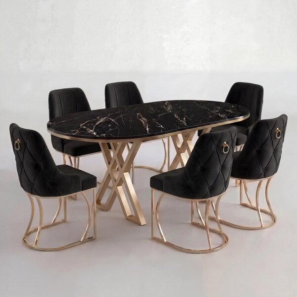 Set Masa și 6 Scaune Set Lucca, Stil Elegant, Detalii Aurii, 85x160 cm, Blat Marmorat Negru