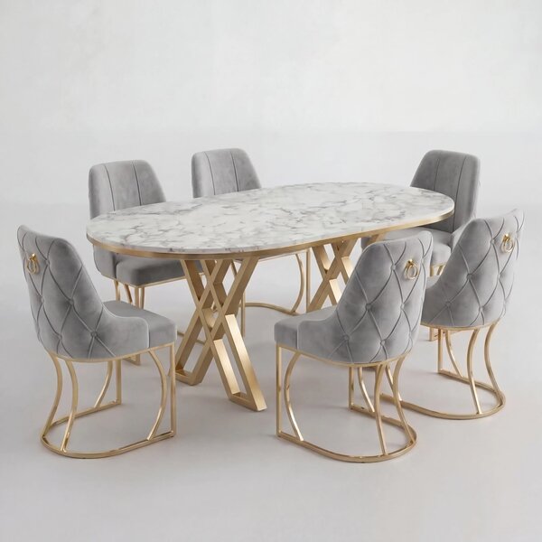 Set Masa și 6 Scaune Set Lucca, Stil Elegant, Detalii Aurii, 85x160 cm, Blat Marmorat Alb