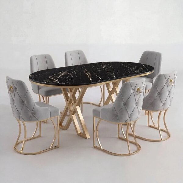 Set Masa și 6 Scaune Set Lucca, Stil Elegant, Detalii Aurii, 85x160 cm, Blat Marmorat Negru