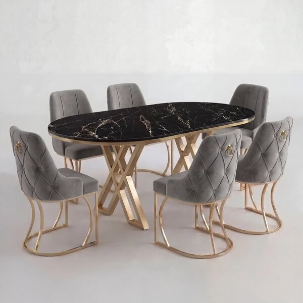 Set Masa și 6 Scaune Set Lucca, Stil Elegant, Detalii Aurii, 85x160 cm, Blat Marmorat Negru