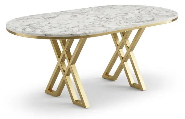 Set Masa și 6 Scaune Set Lucca, Stil Elegant, Detalii Aurii, 85x160 cm, Blat Marmorat Alb