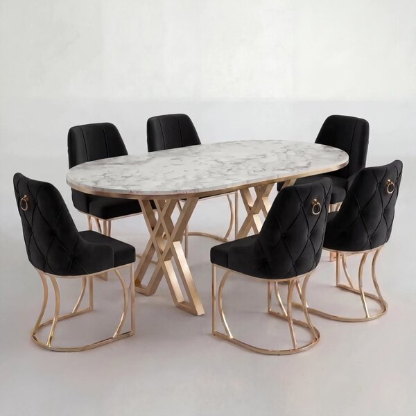Set Masa și 6 Scaune Set Lucca, Stil Elegant, Detalii Aurii, 85x160 cm, Blat Marmorat Alb
