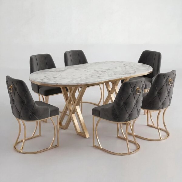 Set Masa și 6 Scaune Set Lucca, Stil Elegant, Detalii Aurii, 85x160 cm, Blat Marmorat Alb