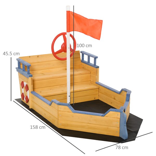 Outsunny Nisipar din Lemn pentru Copii in Forma de Corabie de Pirati cu Compartiment de Depozitare, Joc de Gradina 158x78x45.5cm | Aosom Romania