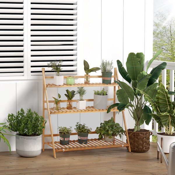 Outsunny Jardinieră Exterior Bambus 3 Nivele Design Înălțat Pliabil Culoarea Lemnului 98x37x96.5 cm | Aosom Romania