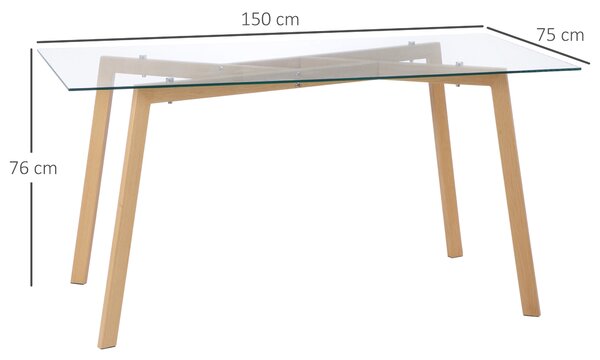 HOMCOM Masă sticla dreptunghiulară pentru 4 Persoane din Oțel cu Blat din Sticlă Securizată 150x75x76 cm | Aosom Romania