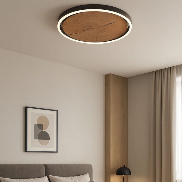 Elobra Plafonieră LED Havana M, lemn de frunte/metal, Ø 57 cm, reglabil, Lemn, Camera de zi / sufragerie, Lemn