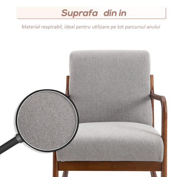 Fotoliu Tapitat HOMCOM din Lemn si In Gri, pentru sufragerie, 64x86x80cm | Aosom Romania