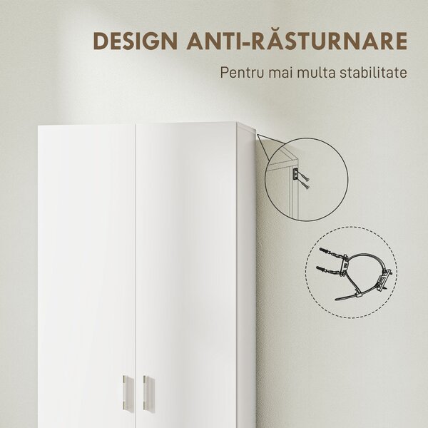 HOMCOM Dulap Multifuncțional cu Uși Batante, 5 Rafturi și 3 Niveluri Reglabile, 60x31,5x165 cm, Alb | Aosom Romania