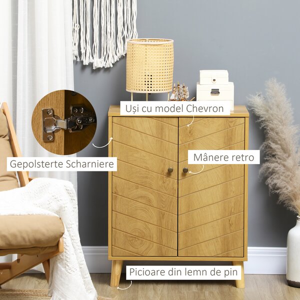 HOMCOM Dulap Vintage cu Uși Chevron Duble și Picioare din Lemn de Pin, Efect de Lemn Natural, Design Retro | Aosom Romania
