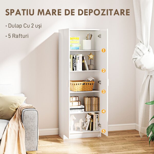HOMCOM Dulap Multifuncțional cu Uși Batante, 5 Rafturi și 3 Niveluri Reglabile, 60x31,5x165 cm, Alb | Aosom Romania