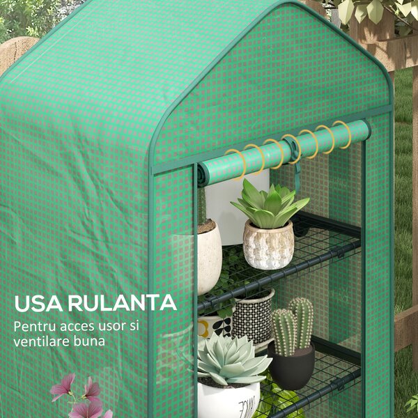 Outsunny Seră de Grădină în 4 Niveluri cu Ușă Rulantă, Seră Mica din Metal & PE, 69x49x158 cm, Verde Închis | Aosom Romania